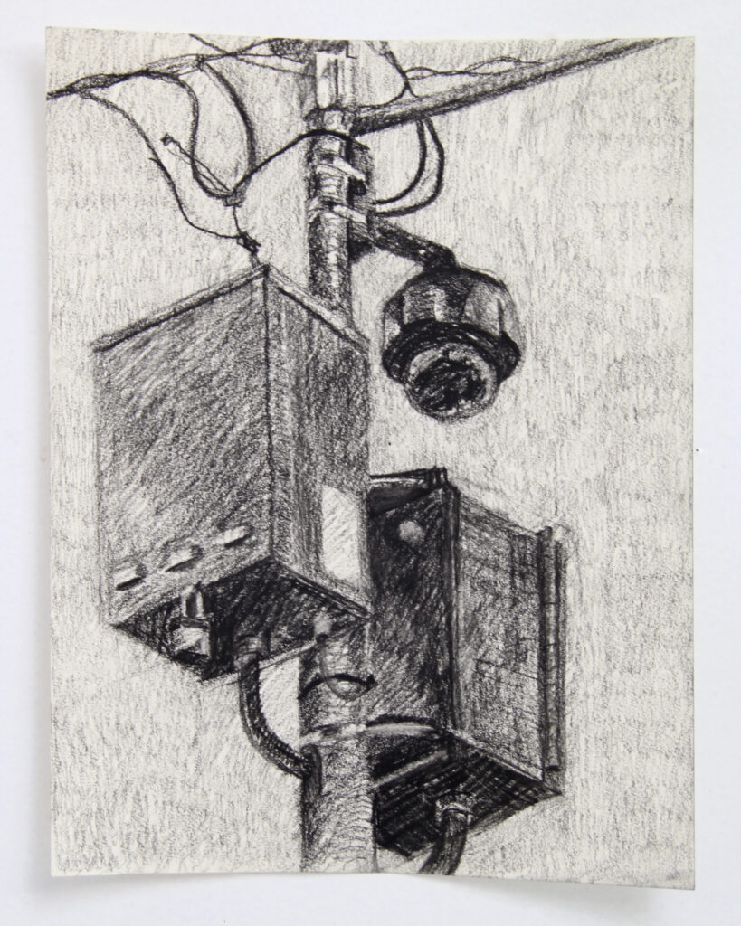 Charcoal drawing of a police surveillance camera in Chicago, Illinois.