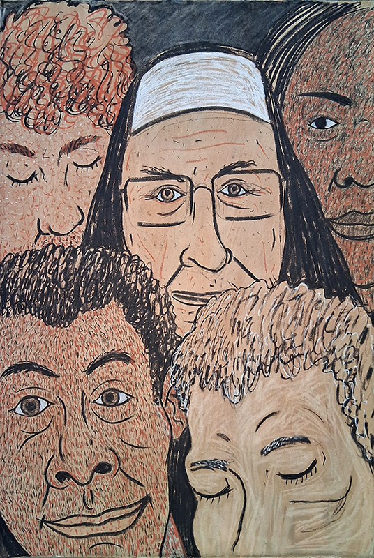 A drawing of a crowd by Dylan Cale Jones featuring five faces packed closely together. They have different skin tones and textures. A nun wearing a habit stands in the center of the crowd.